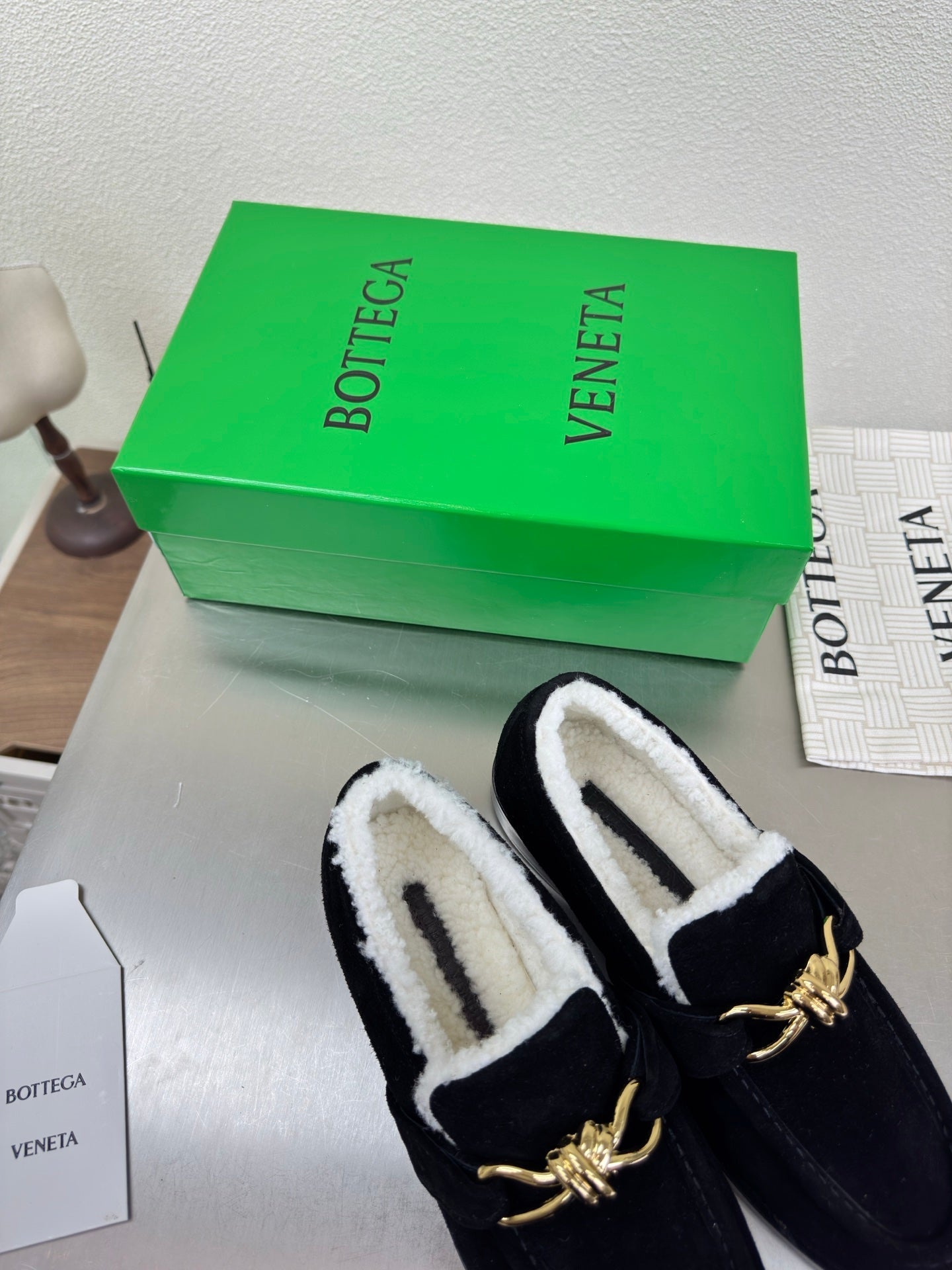 BOTTEGA VENETA 26S LOAFERS IN BLACK SUEDE AND WHITE WOOL WITH GOLD HARDWARE