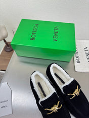 BOTTEGA VENETA 26S LOAFERS IN BLACK SUEDE AND WHITE WOOL WITH GOLD HARDWARE