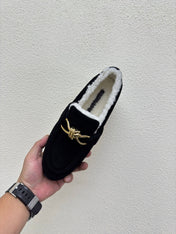 BOTTEGA VENETA 26S LOAFERS IN BLACK SUEDE AND WHITE WOOL WITH GOLD HARDWARE