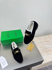 BOTTEGA VENETA 26S LOAFERS IN BLACK SUEDE AND WHITE WOOL WITH GOLD HARDWARE