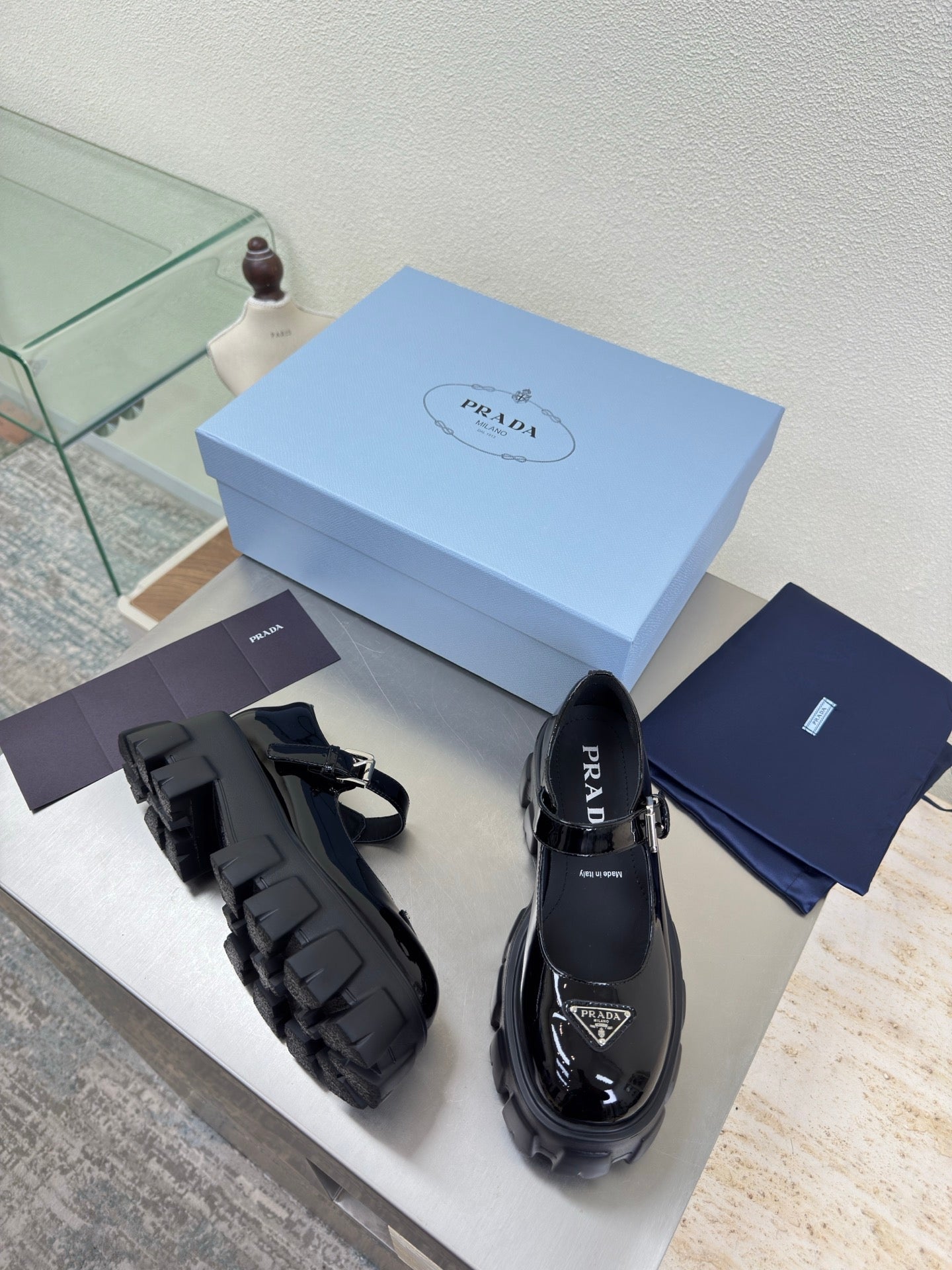 PRADA 25S PLATFORM MARY JANE SHOES IN BLACK GLOSSY CALFSKIN STYLE 2