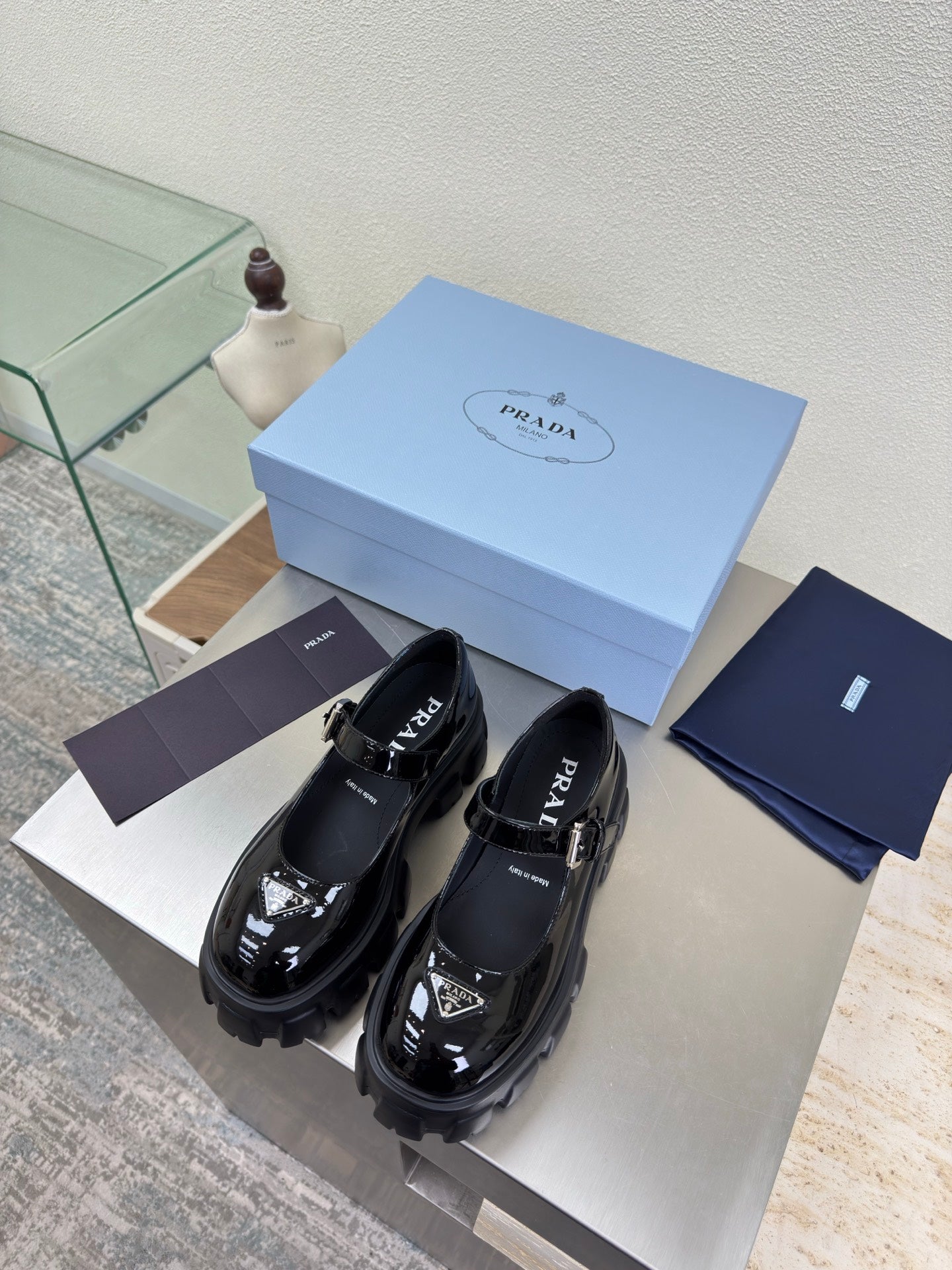 PRADA 25S PLATFORM MARY JANE SHOES IN BLACK GLOSSY CALFSKIN STYLE 2