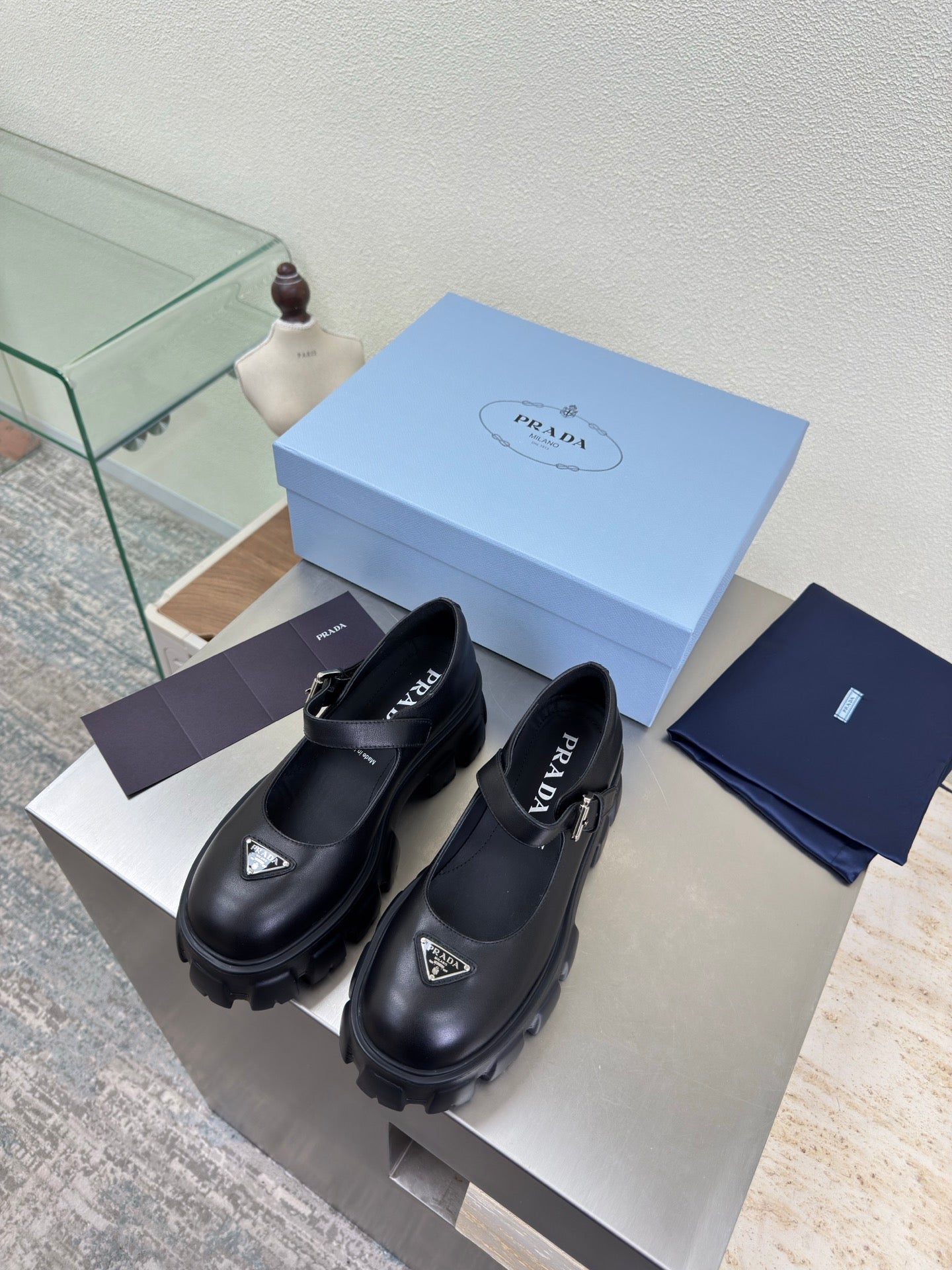 PRADA 25S PLATFORM MARY JANE SHOES IN BLACK CALFSKIN STYLE 1