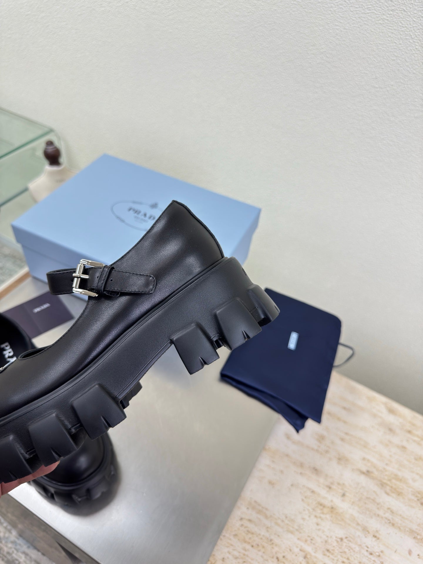 PRADA 25S PLATFORM MARY JANE SHOES IN BLACK CALFSKIN STYLE 1