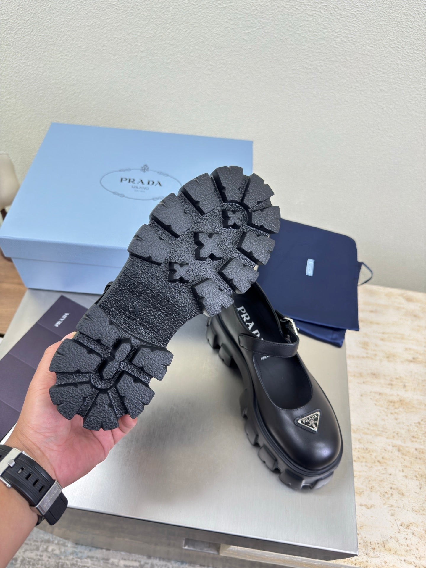 PRADA 25S PLATFORM MARY JANE SHOES IN BLACK CALFSKIN STYLE 1