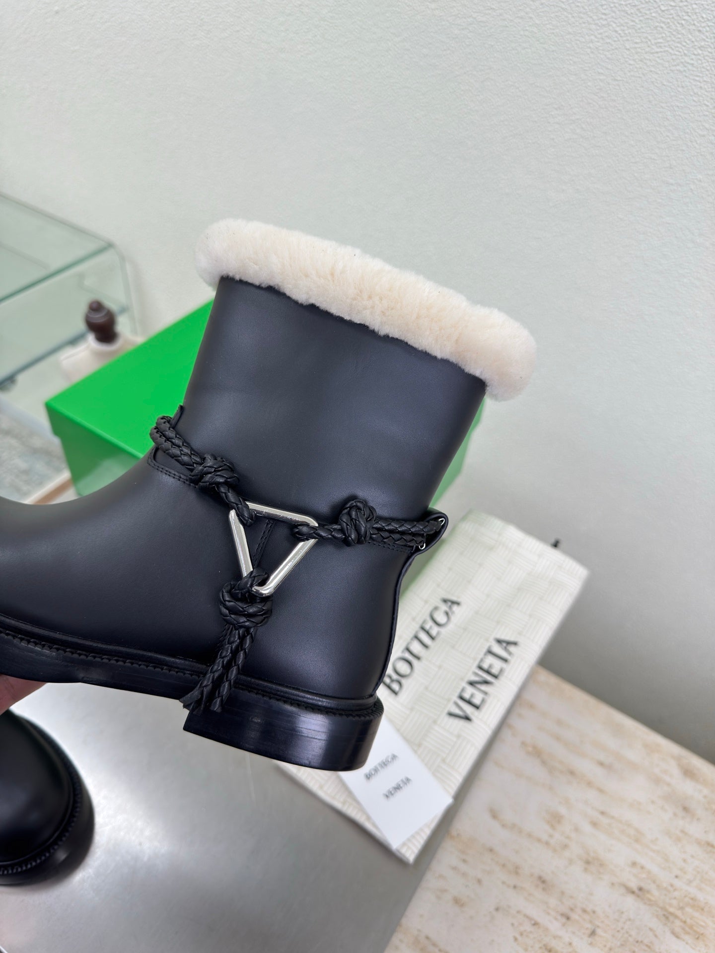BOTTEGA VENETA 26S FUR-LINED BOOTS IN BLACK CALFSKIN AND WHITE WOOL