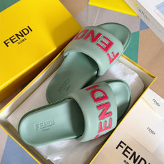 FENDI ROMA SLIDE IN SEAFOAM GREEN GRAINED CALFSKIN WITH RED LOGO