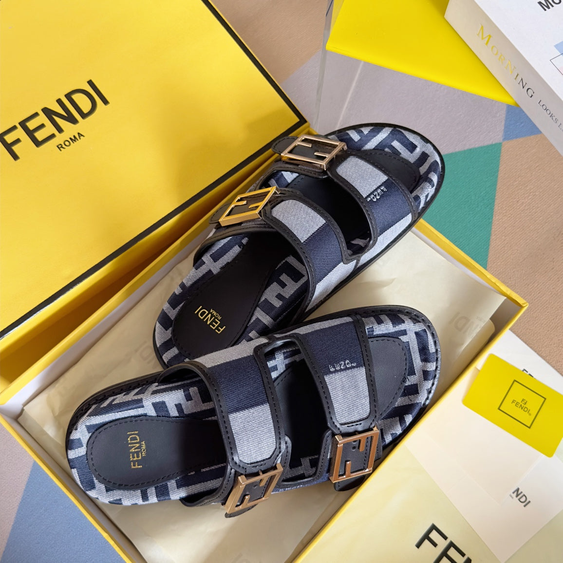FENDI DAD SANDAL IN NAVY BLUE MIX LIGHT GREY CANVAS WITH GOLD HARDWARE