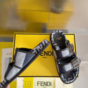 FENDI DAD SANDAL IN NAVY BLUE MIX LIGHT GREY CANVAS WITH GOLD HARDWARE