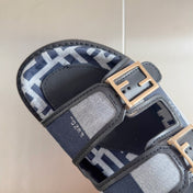 FENDI DAD SANDAL IN NAVY BLUE MIX LIGHT GREY CANVAS WITH GOLD HARDWARE