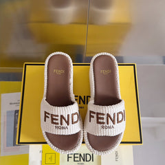 FENDI PLATFORM WEDGES IN WHITE RAFFIA WITH BROWN EMBROIDERED LOGO