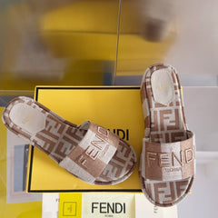 FENDI PLATFORM WEDGES IN ASH BROWN MIX WHITE FF MONOGRAM FABRIC