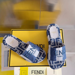 FENDI PLATFORM WEDGES IN NAVY BLUE MIX BEIGE FF MONOGRAM FABRIC