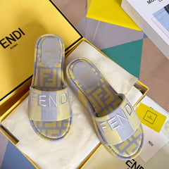 FENDI PLATFORM WEDGES IN LIGHT YELLOW MIX GREY FF MONOGRAM FABRIC