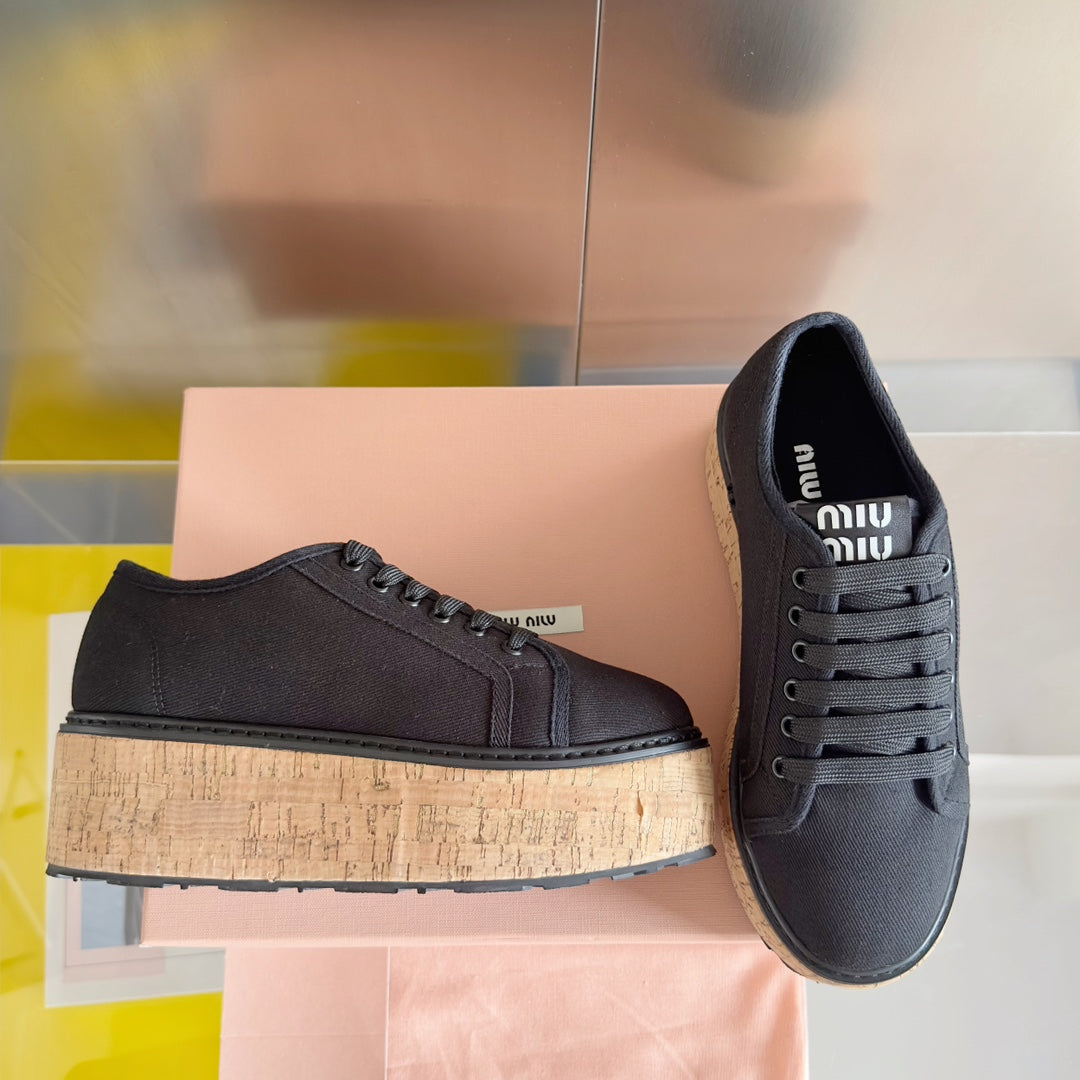 Lace - up Platform Shoes Black Canvas