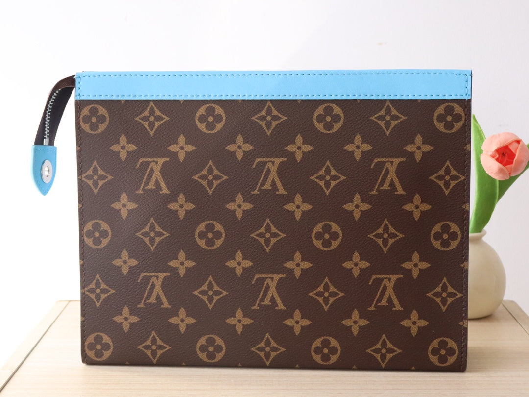 LV 25S POCHETTE VOYAGE 26 IN GASTON BLUE MONOGRAM MACASSAR COATED CANVAS