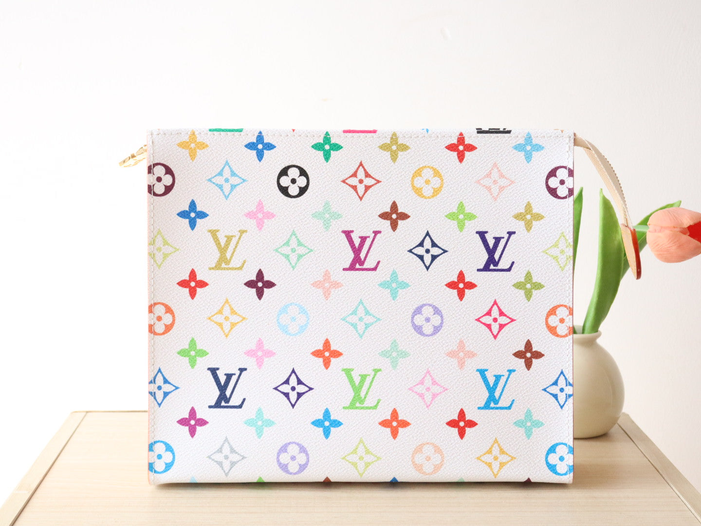 TOILETRY POUCH 25 IN WHITE MIX COLORFUL CALFSKIN