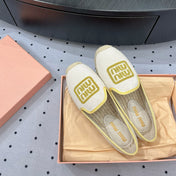 Loafer Shoes Ivory With Yellow Border Fabric Linen