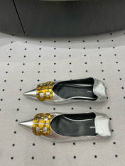 POINTED BB GOLD BUCKLE BALLET FLAT IN SILVER METALLIC SHINY CALFSKIN