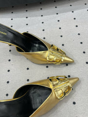 POINTED BB GOLD BUCKLE HEELED SLINGBACK IN GOLD METALLIC SHINY CALFSKIN
