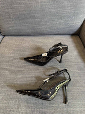 HIGH SANDAL ATTACHED GEM IN BLACK GLOSSY CALFSKIN