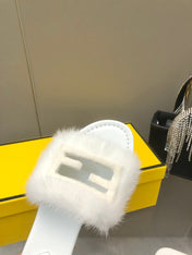 FENDI BAGUETTE MINK SLIDE SLIPPER IN WHITE FUR