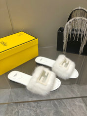 FENDI BAGUETTE MINK SLIDE SLIPPER IN WHITE FUR