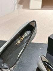 BALLET FLATS IN SILVER GLITTERED TULLE AND BLACK SATIN