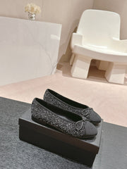 BALLET FLATS IN BLACK MIX WHITE TWEED AND SATIN