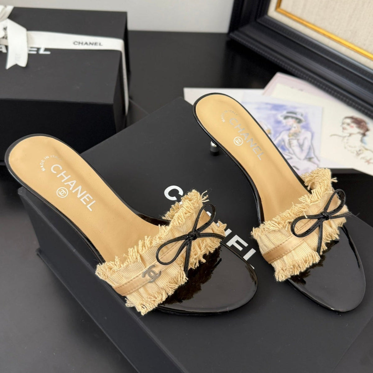 SAND YELLOW GROSGRAIN CANVAS BOW MULE SANDALS 65 MM