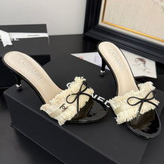 WHITE GROSGRAIN CANVAS BOW MULE SANDALS 90 MM