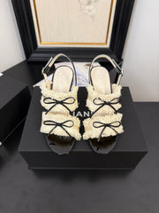 WHITE GROSGRAIN CANVAS BOW SLINGBACK SANDALS