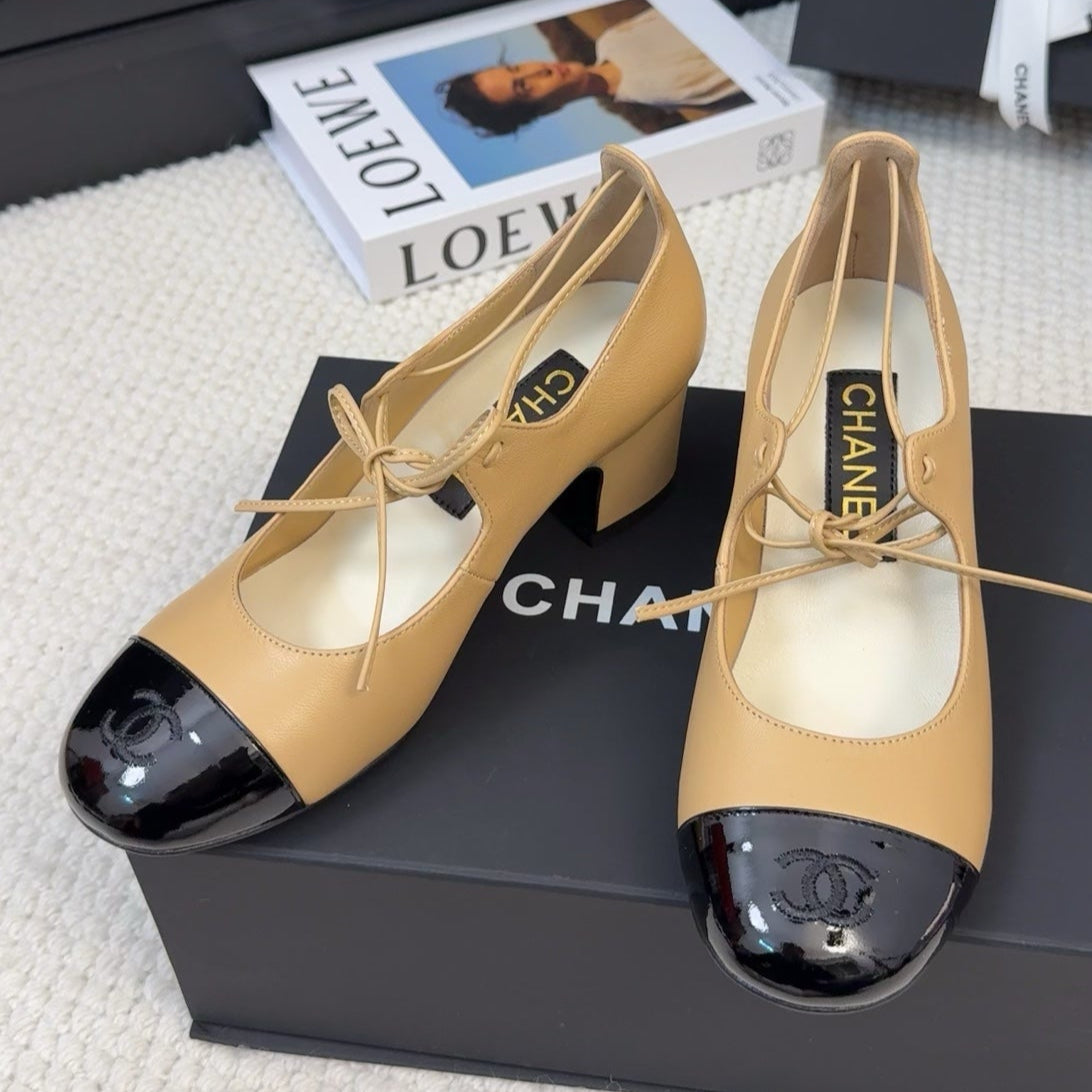 MARY JANE PUMPS 55 MM IN SAND YELLOW MIX BLACK LAMBSKIN