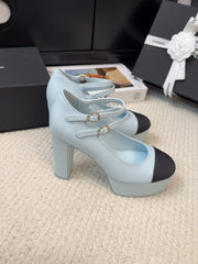 FLATFORM SANDAL IN LIGHT BLUE CALFSKIN AND BLACK FABRIC