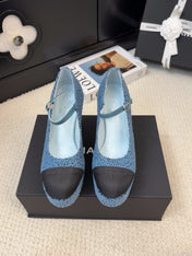 FLATFORM SANDAL IN AEGEAN BLUE TWEED AND BLACK FABRIC
