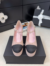 FLATFORM SANDAL IN LIGHT PINK TWEED AND BLACK FABRIC