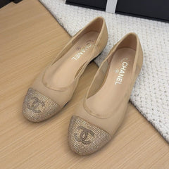 BALLET FLAT IN CAMEL BEIGE FABRIC AND MESH WITH CRYSTALS