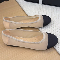 BALLET FLAT IN BLACK FABRIC AND BEIGE MESH