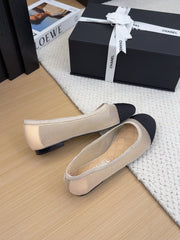 BALLET FLAT IN BLACK FABRIC AND BEIGE MESH