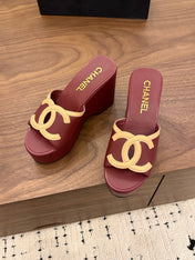 CHANEL 26S WEDGE SANDALS 95 MM IN DARK RED CALFSKIN