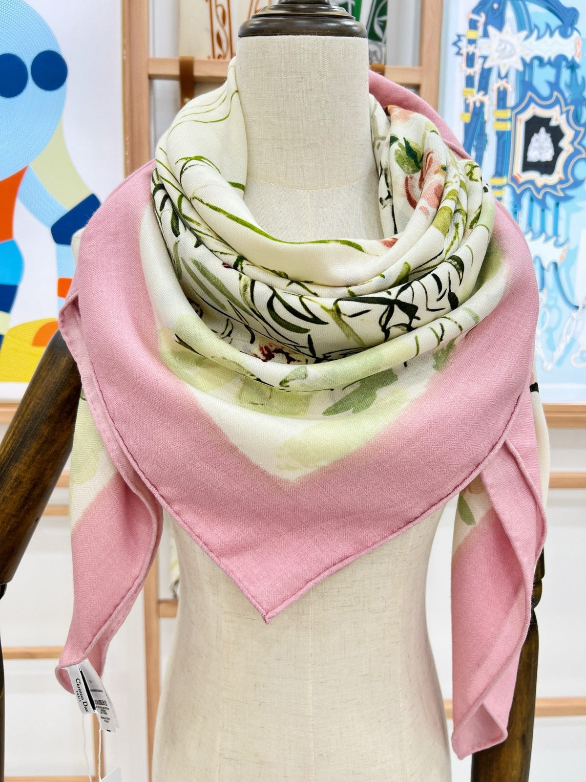 DIOR REVERSIBLE SCARF 140 CM IN CREAM WHITE MIX PINK WOOL-SILK FABRIC 735875