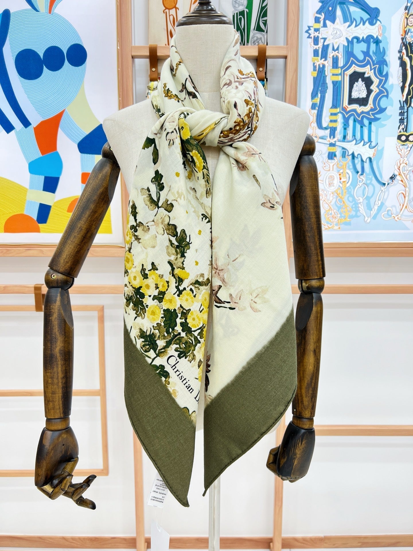 DIOR REVERSIBLE SCARF 140 CM IN CREAM WHITE MIX GREEN WOOL-SILK FABRIC 735876