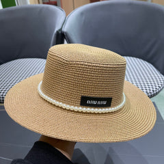 MM SMALL-BRIM STRAW HAT IN BEIGE AND PEARL EMBELLISHED