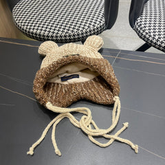 KNITTED BEANIE HAT WITH CUTE EARS IN BEIGE MIX BROWN WOOL 403482