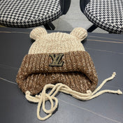KNITTED BEANIE HAT WITH CUTE EARS IN BEIGE MIX BROWN WOOL 403482