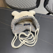 KNITTED BEANIE HAT WITH CUTE EARS IN WHITE MIX GRAY WOOL 403484