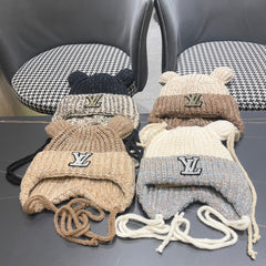 KNITTED BEANIE HAT WITH CUTE EARS IN PEANUT BROWN WOOL 403485