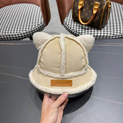 FISHERMAN HAT WITH CUTE CAT EARS IN BEIGE VELVET AND LAMB FUR 414690