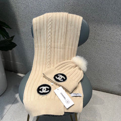 SET BEANIE HAT AND SCARF IN BISQUE BEIGE WOOL 424022