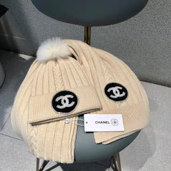 SET BEANIE HAT AND SCARF IN BISQUE BEIGE WOOL 424022